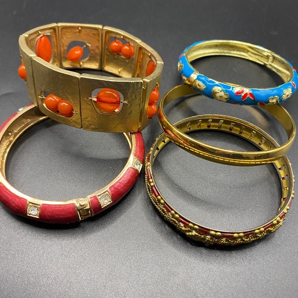 Bundle Gold Tone Bracelets Clampers Enamel Stretchy Bangles Blue Orange Red - Picture 1 of 10